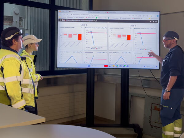 Drei Arbeiter in Schutzkleidung diskutieren Produktionsdaten auf einem grossen Bildschirm mit Diagrammen und Grafiken.